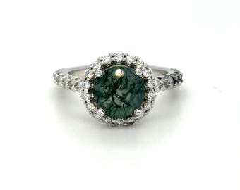 Anel de noivado antigo em ouro branco 14K com halo de diamantes e ágata musgosa - 3,32 ct.