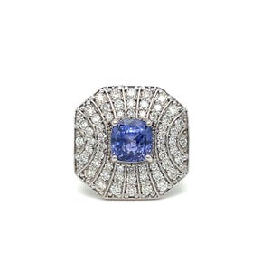 Splendido anello vintage Art Déco in oro bianco 14 carati con diamanti e zaffiri - 4,24 ct.