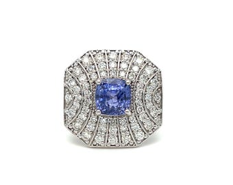 Vintage art-deco ring met saffier en diamant – 14 kt witgoud, maat 6.5
