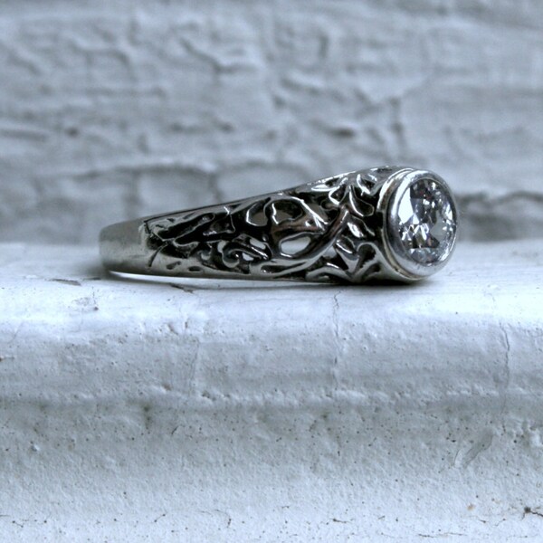 RESERVED - Antique Art Nouveau 14K White Gold Diamond Solitaire Engagement Ring