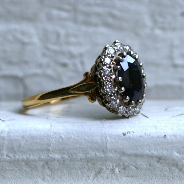 RESERVED - Stunning Vintage 18K Yellow Gold Diamond Halo and Sapphire Engagement Ring - 3.16