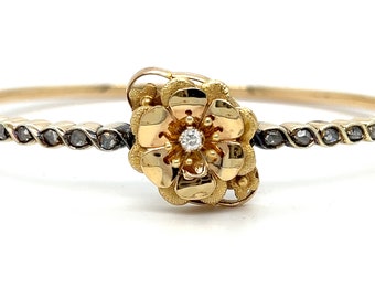 Pulsera antigua francesa con diamantes y diseño floral, oro amarillo de 18 quilates