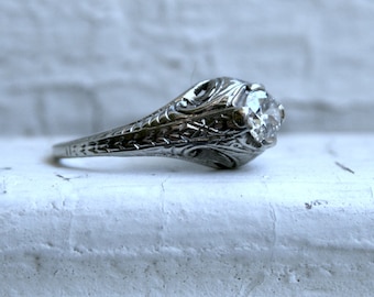 Filigrana Vintage 18k oro bianco solitario anello di fidanzamento diamante - 0,55 ct
