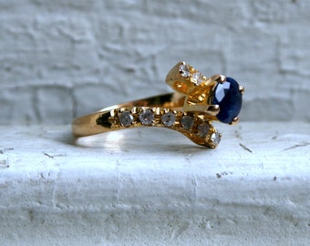 Vintage 18K Yellow Gold Diamond and Sapphire ByPass Ring - 1.48ct.