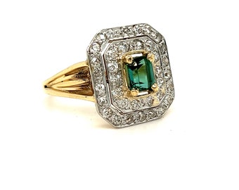 Antique 14K Yellow Gold Double Diamond Halo and Tourmaline Ring Engagement Ring - 2.34ct.