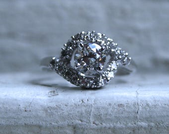 Swirly Vintage 14K White Gold Diamond Engagement Ring -1.10ct.