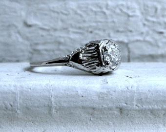 Vintage 14K White Gold Diamond Solitaire Verlovings ring met GIA certificaat.