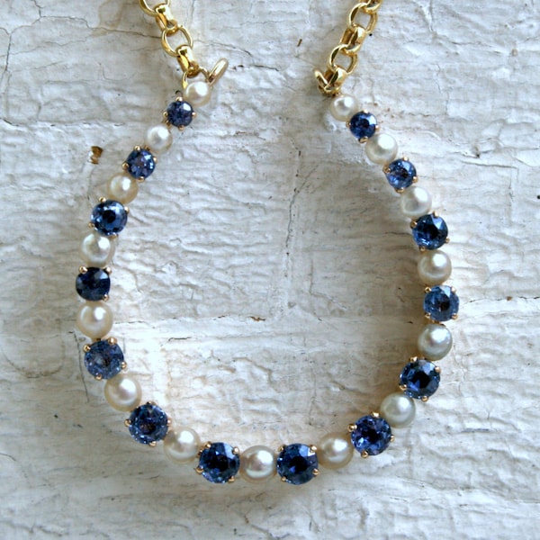 Pearl and Blue Sapphire Horseshoe Necklace
