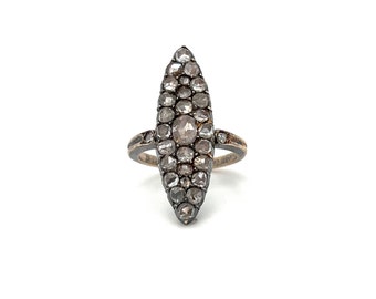 Antiek Victoriaans zilver met 14 kt geelgouden diamanten Navette-ring - 1,50 kt.