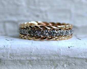 Vintage 14K White/ Yellow Gold Pave Diamond Rope Eternity Wedding Band - 0.72ct.