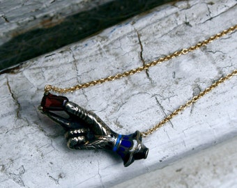 Antique Silver/ 14K Yellow Gold Hand Pendant with Garnet and Enamel Necklace.