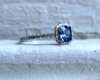 14K White Gold Pave Diamond and Sapphire Halo Ring - 1.26ct.