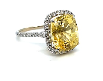 Vintage 14K Weißgold Diamantring - 12.20ct Gelber Saphir ohne Hitze, GIA-zertifiziert