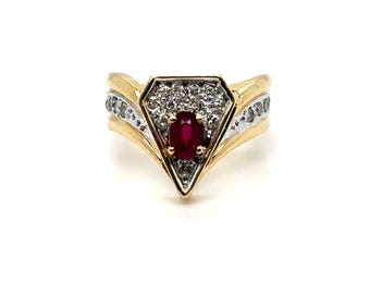 Vintage 14K Yellow Gold Erté Diamond Shaped Ring with Diamonds and Ruby.