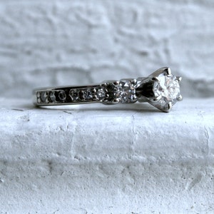 Vintage Three Stone Diamond Engagement Ring in 14K White Gold - 0.84ct.