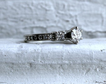 Vintage Three Stone Diamond Engagement Ring in 14K White Gold - 0.84ct.