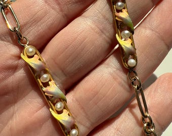 Vintage 14K/18K Gold Trombone Chain Necklace with Pearls and Enamel, 19 in