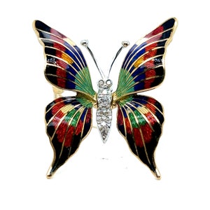 Vintage Diamond and Enamel Butterfly Fur Clip Brooch in 18K Yellow/ White Gold.
