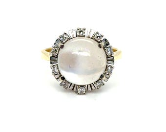 Vintage 18K Yellow Gold Moonstone and Diamond Halo Ring.
