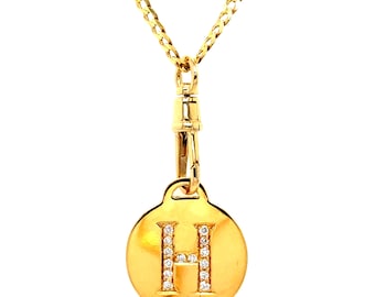 Mini Cuban 14K Yellow Gold Chain with Diamond Letter Disc and Clip Charm Holder.
