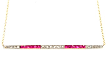 Antieke art-decoketting 18 kt geelgouden diamant en robijn.