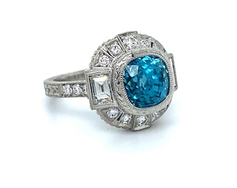 Stunning Platinum Diamond and Blue Zircon Ring Engagement Ring - 6.50ct.