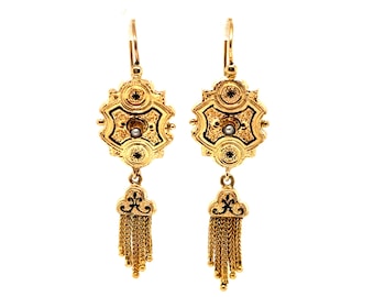 Brincos de lustre vitorianos em ouro amarelo 14K, pérola e esmalte com borla.