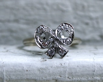 Retro High Set 14K White Gold 'Bow' Ring with Diamonds.