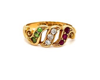 Antique 18K Yellow Gold Diamond, Ruby and Garnet Ring - Suffragette Ring