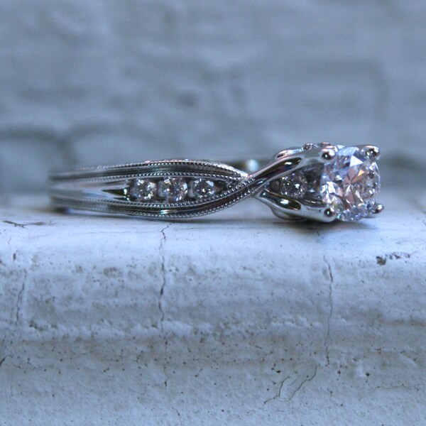 Great Classic Vintage 14K White Gold Diamond Engraved Engagement Ring - 0.78ct.