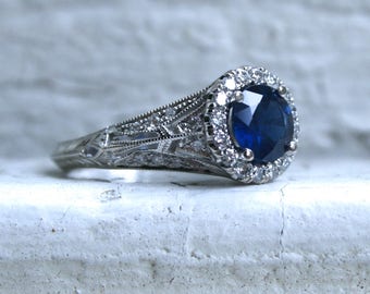 Vintage Inspired Halo Diamond and Natural Sapphire Ring Engagement Ring.