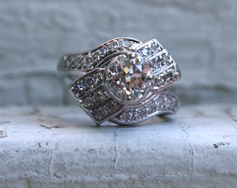 Deco Pave Swirly Vintage Platinum Diamond Engagement Ring - 1.23ct.