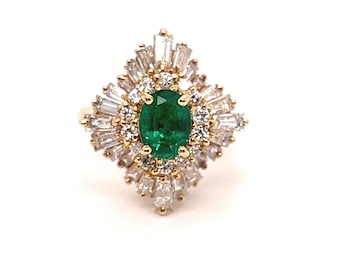 Fantastic Vintage 18K Yellow Gold Emerald and Diamond Cluster Engagement Ring - 4.00ct.
