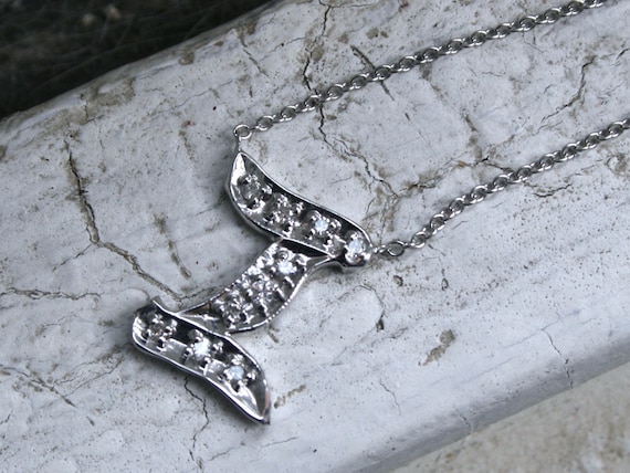 Beautiful Vintage 14K White Gold Diamond "I" Neck… - image 1