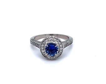 Vintage Ceylon Sapphire Engagement Ring – 14K White Gold Pave Diamond Halo