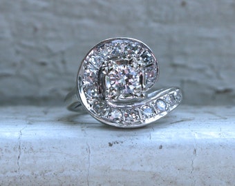 Swirly Vintage 14K White Gold Diamond Engagement Ring -0.75ct.