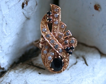 Vintage 14K Rose Gold Diamond and Sapphire Cluster Ring - 0.99ct.