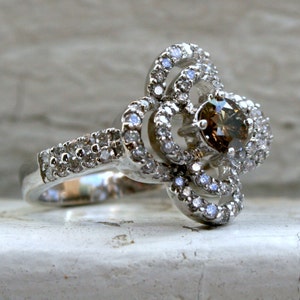 Vintage Floral Diamond and Cognac Diamond Ring Halo Engagement Ring in 14K White Gold - 1.76ct.