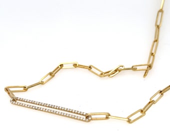 Paperclip Chain Necklace with Natural Diamonds, 14K Solid Gold.