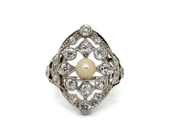 Antique Platinum Pearl Diamond Ring – 2.00ct Old Mine Cut