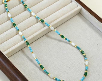 Turquoise Green Jade Beaded Necklace, 18K Gold Plated, Boho Beach Jewelry
