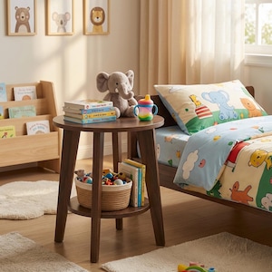 May include: A round dark brown wooden side table with a lower shelf, featuring a stack of four books, a gray plush elephant toy, and a colorful plastic sippy cup on top, with a woven basket filled with small toys resting on the lower shelf.