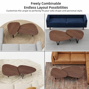 May include: A set of two nesting coffee tables with dark brown wood-grain surfaces and black metal legs. The tables feature irregular, rounded triangular shapes that allow for various configurations. Text reads: Freely Combinable Endless Layout Possibilities. Customize the angle to perfectly fit your sofa shape and personal style.