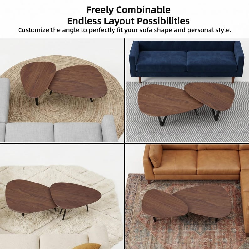 May include: A set of two nesting coffee tables with dark brown wood-grain surfaces and black metal legs. The tables feature irregular, rounded triangular shapes that allow for various configurations. Text reads: Freely Combinable Endless Layout Possibilities. Customize the angle to perfectly fit your sofa shape and personal style.
