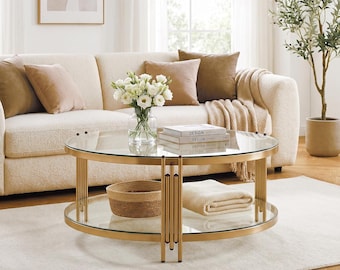 36" Round Glass Coffee Table | Gold Metal Frame, 2-Tier Storage, Tempered Glass