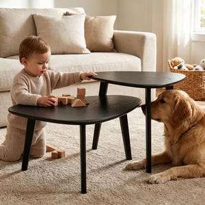 May include: A set of two black, triangular-shaped nesting tables with tapered legs. The tables feature a smooth, dark wood grain finish and are arranged at different heights, providing a functional surface for play and daily activities.