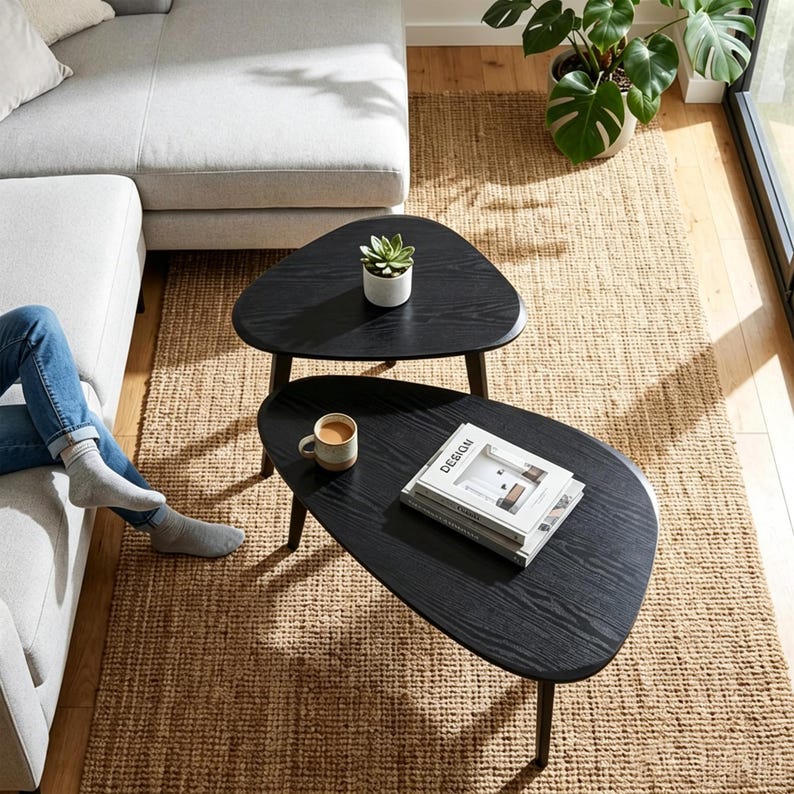 May include: Two black wooden coffee tables with organic, rounded triangular shapes and visible wood grain textures. The smaller table holds a small potted succulent, while the larger table features a ceramic mug and a stack of books.