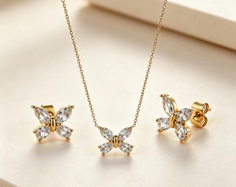 Zestaw biżuterii z malutkimi motylkami, naszyjnik i kolczyki ze stali nierdzewnej 18K, prezent dla druhny