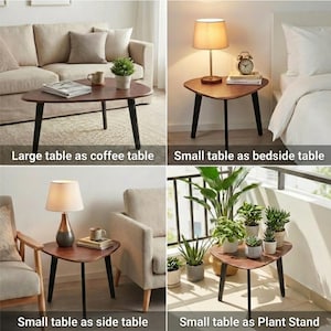 May include: A set of wooden tables with a triangular shape and rounded corners, featuring three black tapered legs. The tables are shown in four different configurations: as a coffee table, a bedside table, a side table, and a plant stand.