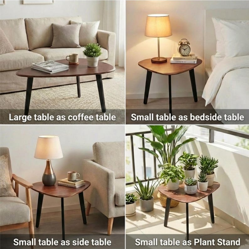 May include: A set of wooden tables with a triangular shape and rounded corners, featuring three black tapered legs. The tables are shown in four different configurations: as a coffee table, a bedside table, a side table, and a plant stand.